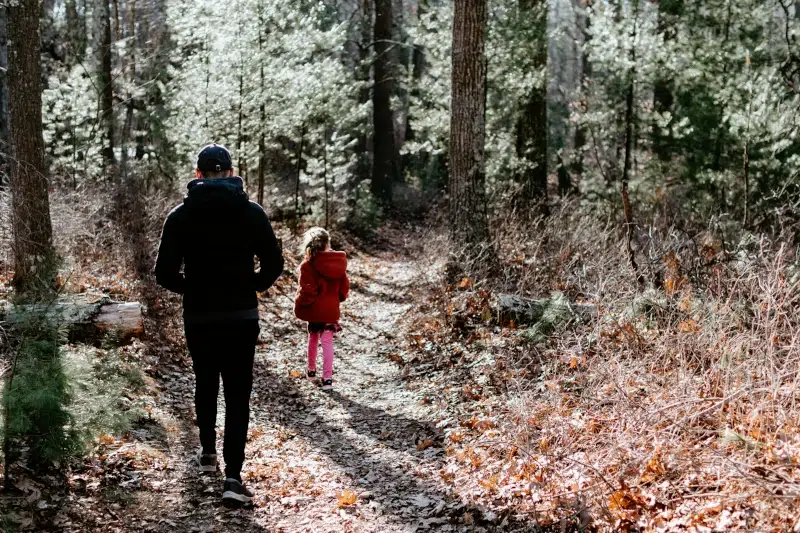 Un homme et un enfant de dos en train de se promener dans un bois